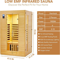 Infrared Sauna Built for Home Wellness, 6 Low EMF Heating Plates, Canadian Hemlock Wood, 2-Person Capacity