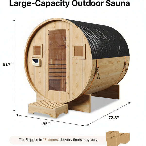 Outdoor Barrel Sauna Built for Year-Round Use, 4-6 Person Capacity, 6KW Electric Heater, Solid Wood Construction