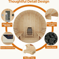 Outdoor Barrel Sauna Built for Year-Round Use, 4-6 Person Capacity, 6KW Electric Heater, Solid Wood Construction