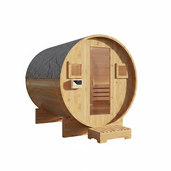 Outdoor Barrel Sauna Built for Year-Round Use, 4-6 Person Capacity, 6KW Electric Heater, Solid Wood Construction