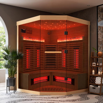 3-4 Person Corner Infrared Sauna- Luxury Home Sauna Spa Room with Himalayan Salt Therapy, Canadian Hemlock&Panoramic Tempered Glass,220V