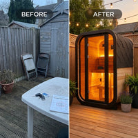 1-2 Person Outdoor Traditional Steam Sauna, Weatherproof Square Sauna Cabin with Black Trim, Natural Spruce Wood Sauna Room, LED Strip & Panoramic Glass Door, for Backyard Garden Home Spa, Relaxation — Before & After
