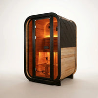 1-2 Person Outdoor Traditional Steam Sauna, Weatherproof Square Sauna Cabin with Black Trim, Natural Spruce Wood Sauna Room, LED Strip & Panoramic Glass Door, for Backyard Garden Home Spa, Relaxation — Studio Shot
