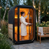 1-2 Person Outdoor Traditional Steam Sauna, Weatherproof Square Sauna Cabin with Black Trim, Natural Spruce Wood Sauna Room, LED Strip & Panoramic Glass Door, for Backyard Garden Home Spa, Relaxation — Lifestyle