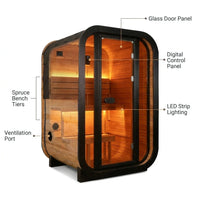 1-2 Person Outdoor Traditional Steam Sauna, Weatherproof Square Sauna Cabin with Black Trim, Natural Spruce Wood Sauna Room, LED Strip & Panoramic Glass Door, for Backyard Garden Home Spa, Relaxation — How It Works