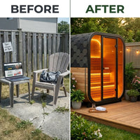 Traditional Steam Sauna Designed for Outdoor Relaxation, Natural Pine Wood, 1-2 Person, LED Lighting, Glass Door — Before & After