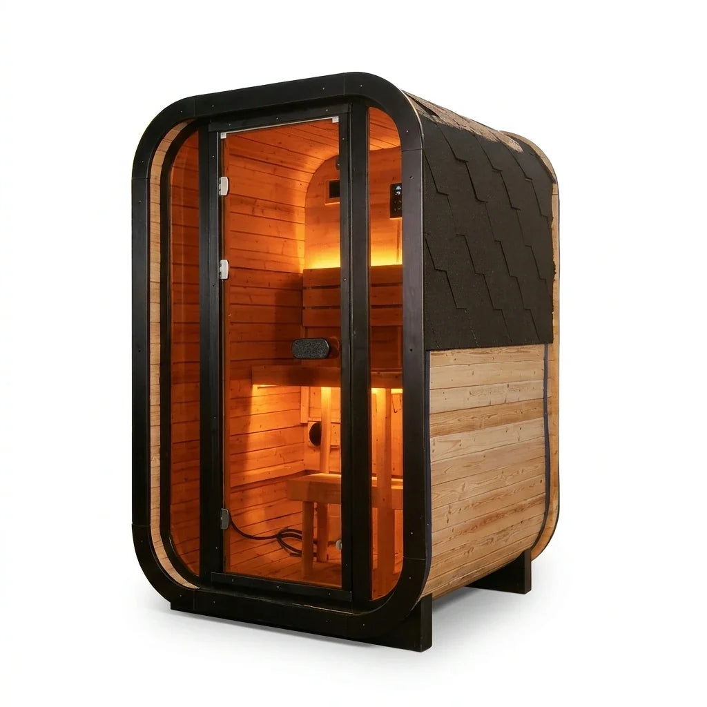 Traditional Steam Sauna Designed for Outdoor Relaxation, Natural Pine Wood, 1-2 Person, LED Lighting, Glass Door — Studio Shot