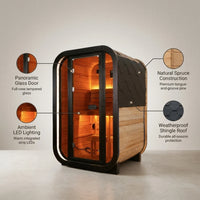 Traditional Steam Sauna Designed for Outdoor Relaxation, Natural Pine Wood, 1-2 Person, LED Lighting, Glass Door — infographic
