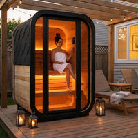 Traditional Steam Sauna Designed for Outdoor Relaxation, Natural Pine Wood, 1-2 Person, LED Lighting, Glass Door — Lifestyle